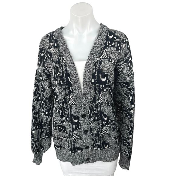 Barnaby Black Snake Animal Print Knit Long Sleeve Button Cardigan Sweater Top M - Picture 1 of 4